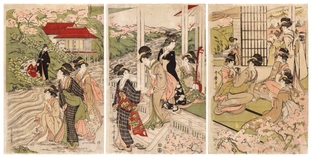 View full screen - View 1 of Lot 7. Kitagawa Utamaro (1754-1806) | Viewing cherry blossoms by a river | Edo period, 19th century .