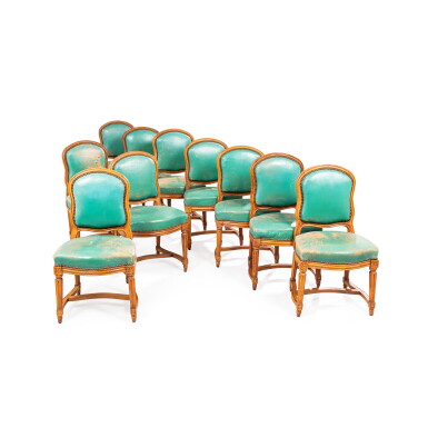 View full screen - View 1 of Lot 178. A set of ten beechwood chairs, Louis XV, circa 1750, attributed to Etienne Meunier | Suite de dix chaises en hêtre d’époque Louis XV, vers 1750, attribuée à Etienne Meunier.