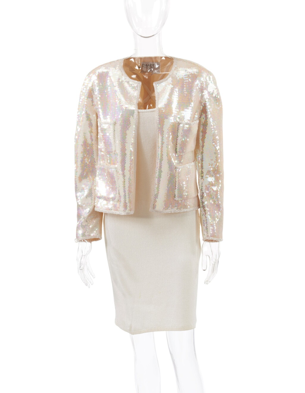 View full screen - View 1 of Lot 63. CHANEL | EMBELLISHED JACKET AND DRESS .