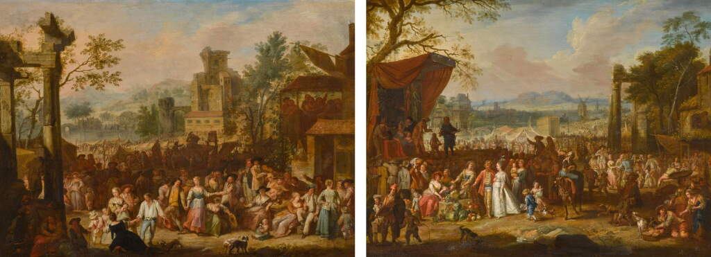 View full screen - View 1 of Lot 65. A pair of town landscapes depicting festivities including actors, dancers, markets and crowds of attendees.