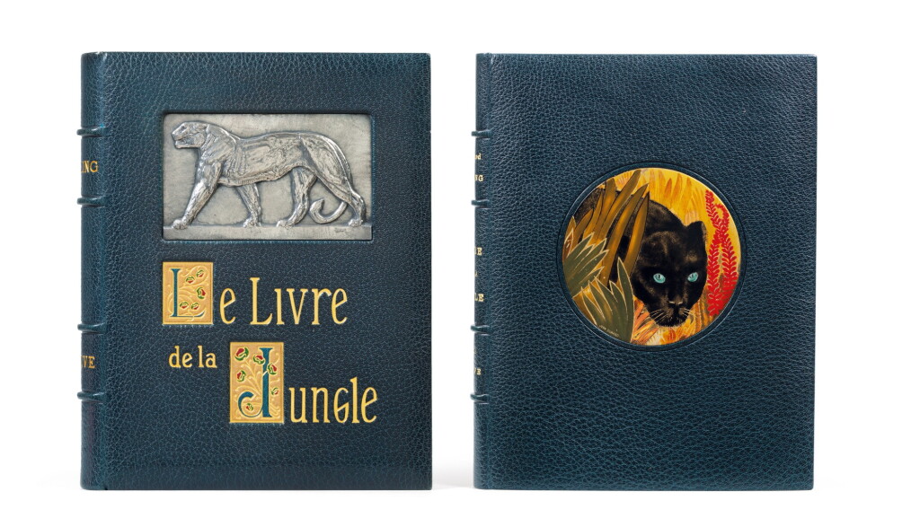 View full screen - View 1 of Lot 128. Le Livre de la Jungle, 1919. Exceptionnel ex. avec laque de Dunand et plaque en argent de Jouve.