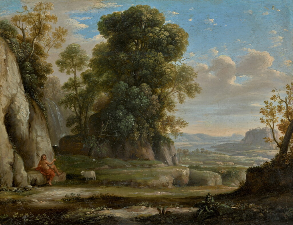 View full screen - View 1 of Lot 23. FOLLOWER OF CLAUDE LORRAIN | A landscape with Saint John the Baptist.