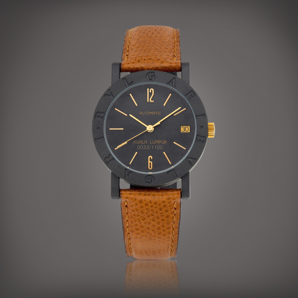 View full screen - View 1 of Lot 986. Bulgari "Kuala Lumpur" | A limited edition carbon gold wristwatch with date, Circa 1995 | 寶格麗 | Bulgari "Kuala Lumpur" | 限量版碳金腕錶,備日期顯示,約1995年製.