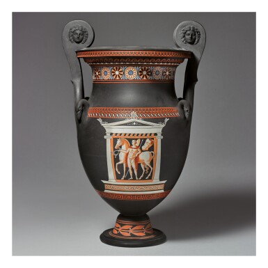 A Wedgwood Black Basalt Encaustic Decorated Volute Krater Vase
