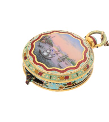 View full screen - View 1 of Lot 208. FRÈRES ROCHAT | A MAGNIFICENT AND EXCEPTIONALLY RARE GOLD AND ENAMEL WATCH WITH SINGING BIRD AUTOMATON EMERGING FROM THE CASE SIDE MADE FOR THE TURKISH MARKET CIRCA 1820, NO. 202.