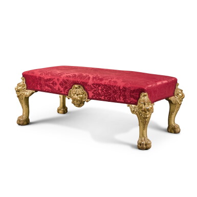 View full screen - View 1 of Lot 16. A George II style giltwood and upholstered bench, 20th century.