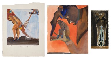 View full screen - View 1 of Lot 251. Historieta (Polvo de iguana) (i); Hombre, pez y hombre con sombrero (ii); Mujer con maíz (iii): Three Works.