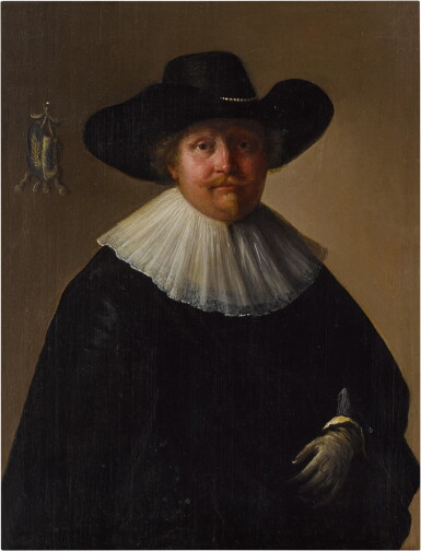View full screen - View 1 of Lot 394. Portrait of a man, half-length, in a long collar, hat, and gloves.