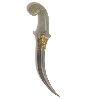 View full screen - View 1 of Lot 93. A Mughal carved jade-hilted dagger (khanjar) with watered-steel blade, India, 18th century.