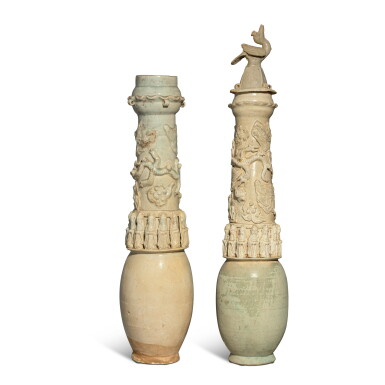 View full screen - View 1 of Lot 729. Two Qingbai funerary vases and a cover, Song dynasty | 宋 青白釉貼龍鳳紋瓶一對及一蓋.