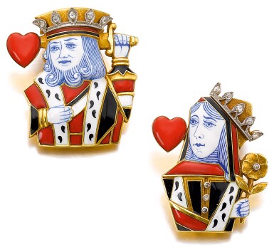 View full screen - View 1 of Lot 140. CARTIER | PAIR OF ENAMEL AND DIAMOND CLIPS, 'KING OF HEARTS' AND 'QUEEN OF HEARTS', CIRCA 1950.
