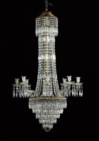 View full screen - View 1 of Lot 91. A Regency style brass and cut-glass eight-light chandelier, 19th century, in the manner of William Mosse.