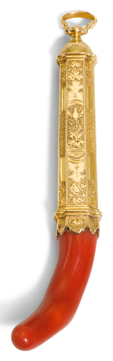 View full screen - View 1 of Lot 46. A GOLD-MOUNTED CORAL TEETHER, ENGLISH, CIRCA 1720.