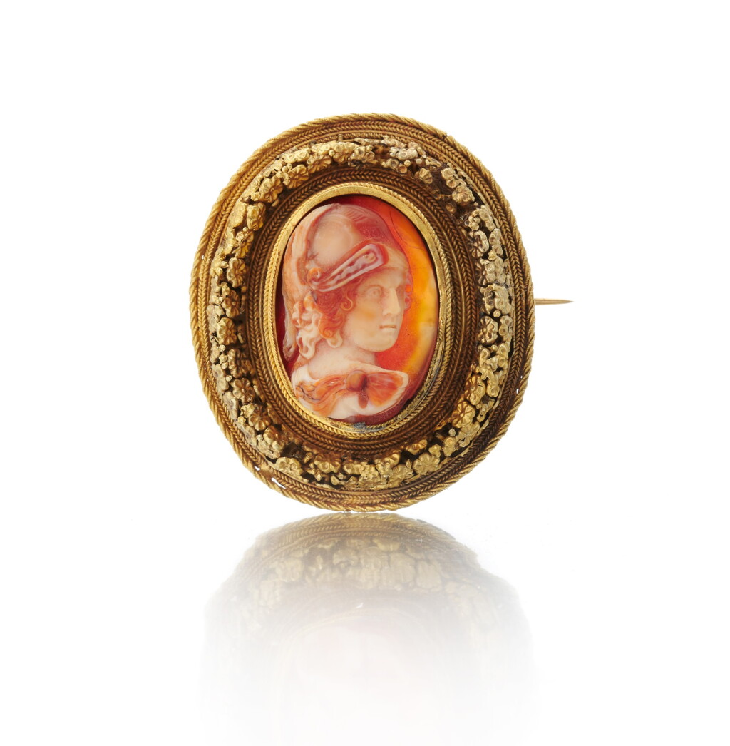 View full screen - View 1 of Lot 1. Carnelian intaglio brooch (Spilla intaglio in corniola), 1860 .