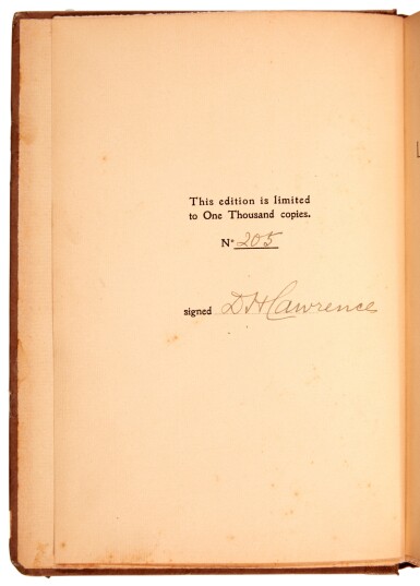 View full screen - View 1 of Lot 339. D.H. Lawrence | Lady Chatterley's Lover, 1928, first edition, number 205 of 1000 copies signed by the author.