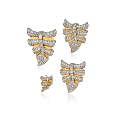 View full screen - View 1 of Lot 392. Three Gold and Diamond Clip-Brooches and Single Earclip, France.