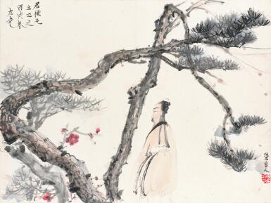 View full screen - View 1 of Lot 2647. 傅抱石、沈左堯 高士賞梅圖 | Fu Baoshi; Shen Zuoyao, Scholar by Plum Blossoms.