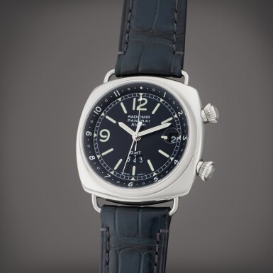 View full screen - View 1 of Lot 559. Reference PAM 00098 Radiomir GMT Alarm | A limited edition stainless steel automatic dual time wristwatch with alarm and date, Circa 2000.