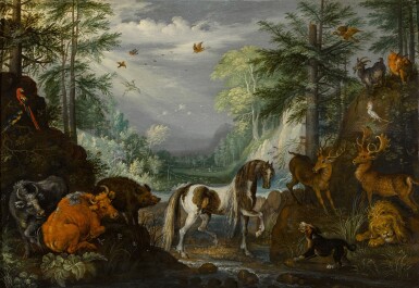 View full screen - View 1 of Lot 105. Paradise landscape with a skewbald, cows, stags, a lion, dog, goats, parrots and other animals, the Conversion of Saint Hubert beyond.