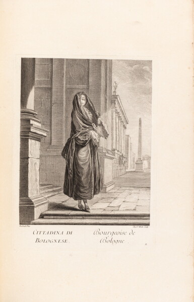 View full screen - View 1 of Lot 16. Divers Habillements suivant le costume d'Italie dessinés... Paris, chez l'Auteur, 1768. Rare édition originale. .