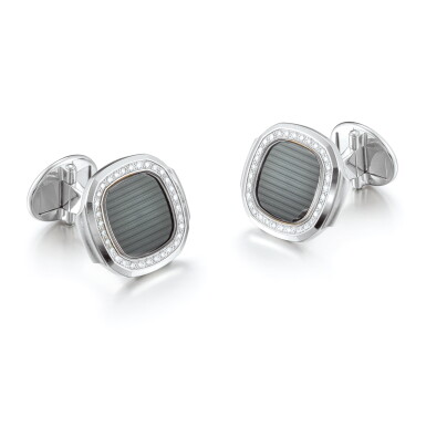View full screen - View 1 of Lot 2005. PATEK PHILIPPE | NAUTILUS A PAIR OF WHITE GOLD AND DIAMOND-SET CUFFLINKS, CIRCA 2015 | 百達翡麗 | "Nautilus 一對白金鑲鑽石袖扣,約2015年製".