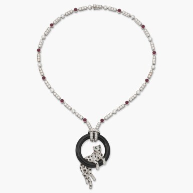View full screen - View 1 of Lot 535. Onyx, Ruby, Emerald and Diamond 'Panthère' Necklace 卡地亞 縞瑪瑙 配 紅寶石 配 祖母綠 及 鑽石 'Pantheré' 吊墜項鏈.
