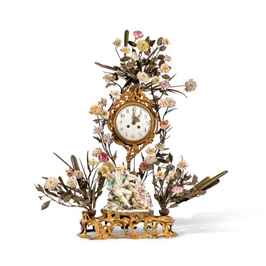 View full screen - View 1 of Lot 326. A Louis XV Style Gilt-Bronze, Tôle Peinte, and Porcelain Mantel Clock, Late 19th Century.