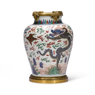 View full screen - View 1 of Lot 39. An ormulu-mounted wucai 'dragon' jar, the porcelain 17th century.