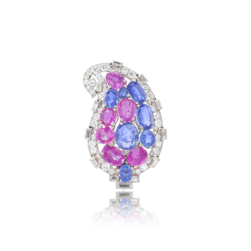 View full screen - View 1 of Lot 540. Sapphire, pink sapphire and diamond brooch, 1930s.