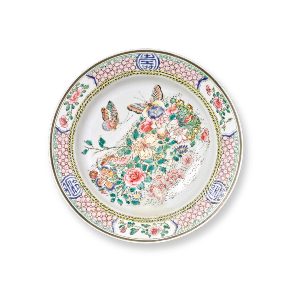 View full screen - View 1 of Lot 830. An eggshell famille-rose 'butterfly and flowers' dish, Qing dynasty, Yongzheng period | 清雍正 粉彩蝶戀花紋盤.