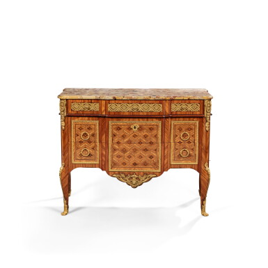 View full screen - View 1 of Lot 86. A Louis XV gilt-bronze-mounted tulipwood, kingwood, amaranth, citronnier and holly commode stamped by Jacques Dautriche, circa 1770 .