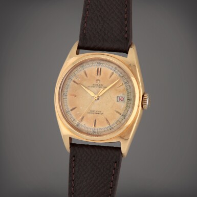 View full screen - View 1 of Lot 195. Oyster Perpetual 'Ovettone', Reference 6030 | A pink gold wristwatch with date | Circa 1950.