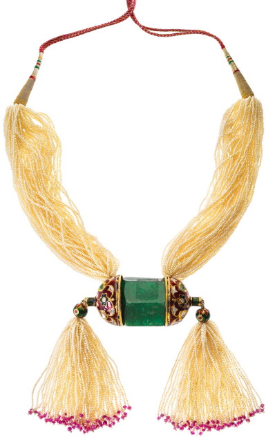 View full screen - View 1 of Lot 237. A MUGHAL EMERALD CRYSTAL SET IN ENAMELLED MOUNT WITH SEED-PEARL STRING NECKLACE, NORTH INDIA, 18TH CENTURY.