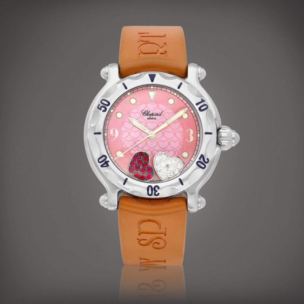 View full screen - View 1 of Lot 917. Happy Sport Happy Hearts, Reference 28/8950 | A stainless steel, diamond and ruby-set wristwatch with date and mother-of-pearl dial, Circa 2009 | 蕭邦 | Happy Sport Happy Hearts 型號28/8950 | 精鋼鑲鑽石及紅寶石腕錶,備日期及珠母貝錶盤,約2009年製.