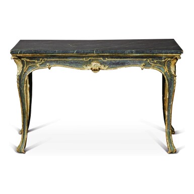 View full screen - View 1 of Lot 519. A NEAPOLITAN ROCOCO STYLE GREEN-PAINTED CONSOLE WITH SIMULATED MARBLE TOP, 19TH CENTURY.