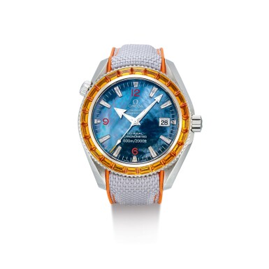 View full screen - View 1 of Lot 2021. OMEGA | SEAMASTER PLANET OCEAN, REFERENCE 29125048, A STAINLESS STEEL, DIAMOND AND SAPPHIRE-SET WRISTWATCH WITH DATE AND MOTHER-OF-PEARL DIAL, CIRCA 2006 | 奧米茄 | "Seamaster Planet Ocean 型號29125048 精鋼鑲鑽石及寶石腕錶,備日期及珠母貝錶盤,錶殼編號81744069,約2006年製".
