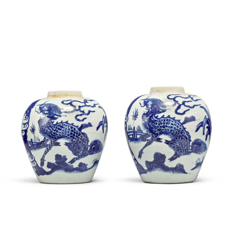View full screen - View 1 of Lot 76. A pair of blue and white 'qilin' jars, Qing dynasty, 19th century.