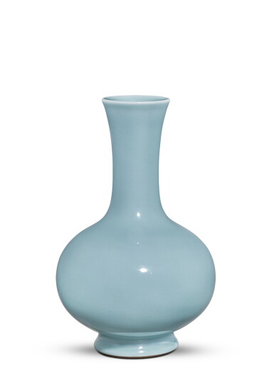 View full screen - View 1 of Lot 3644. A fine clair-de-lune-glazed bottle vase, Seal mark and period of Qianlong | 清乾隆 天青釉長頸瓶 《大清乾隆年製》款.
