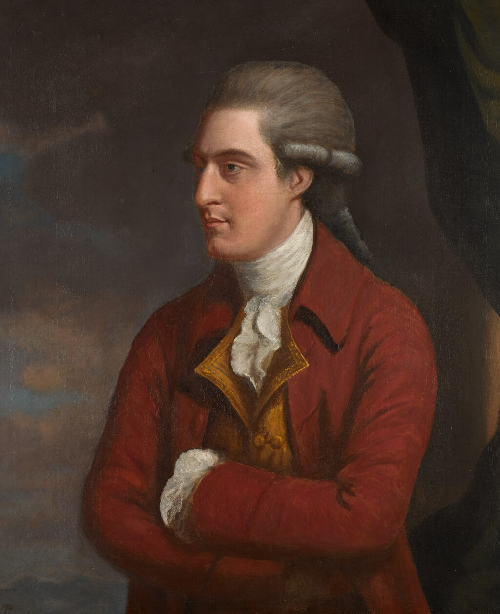 View full screen - View 1 of Lot 48. Portrait of a gentleman, half-length, wearing a red coat and white neck cloth, his arms folded.