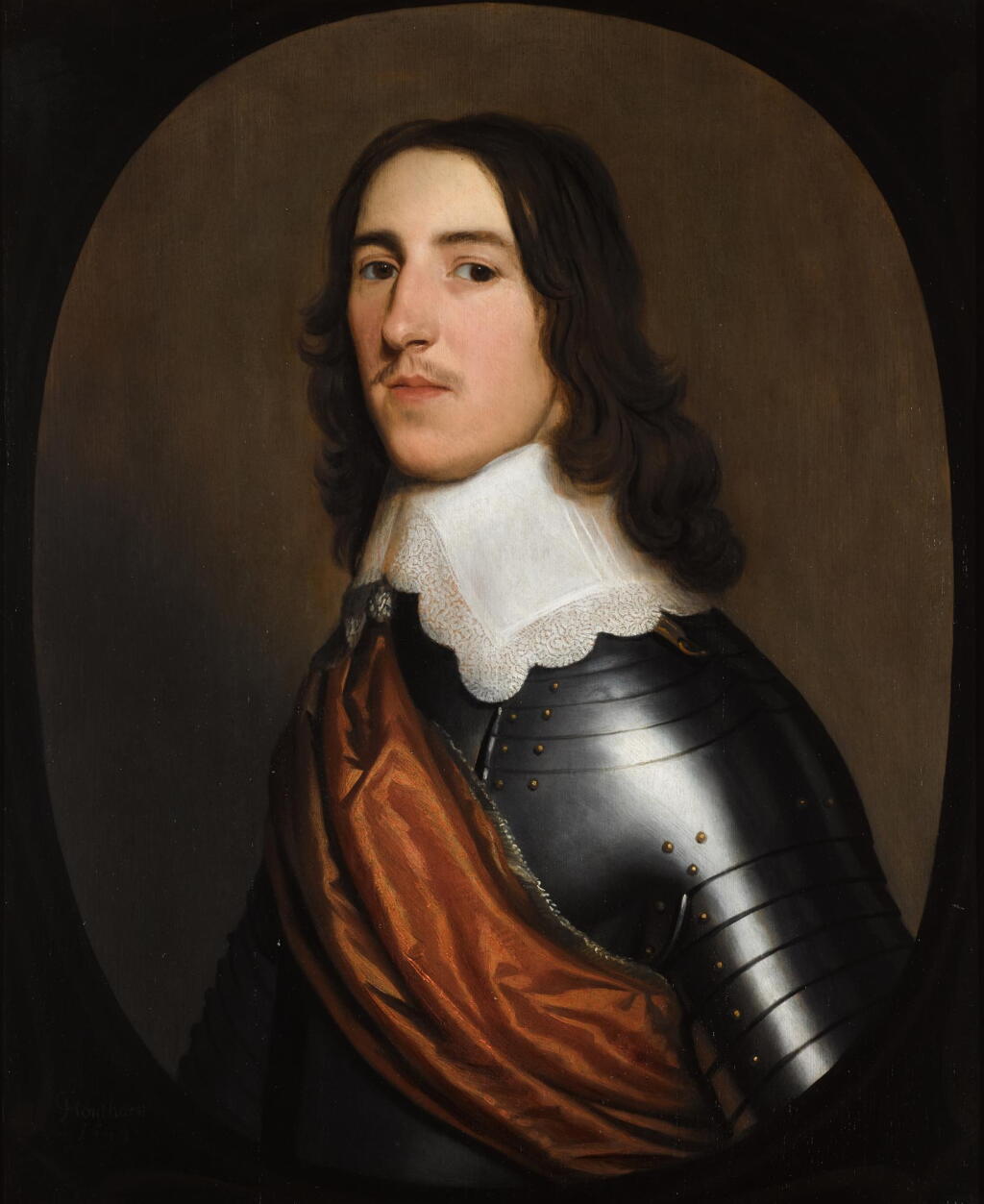 View full screen - View 1 of Lot 33. GERARD VAN HONTHORST | A portrait of a gentleman, half-length, believed to be Sir Thomas Ogle, wearing a suit of armour, with a white collar and an orange sash.