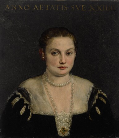 View full screen - View 1 of Lot 140. CIRCLE OF PAOLO CALIARI, CALLED PAOLO VERONESE | PORTRAIT OF A YOUNG LADY, BUST LENGTH, IN A BLACK SLASHED DRESS WITH PEARL NECKLACES.