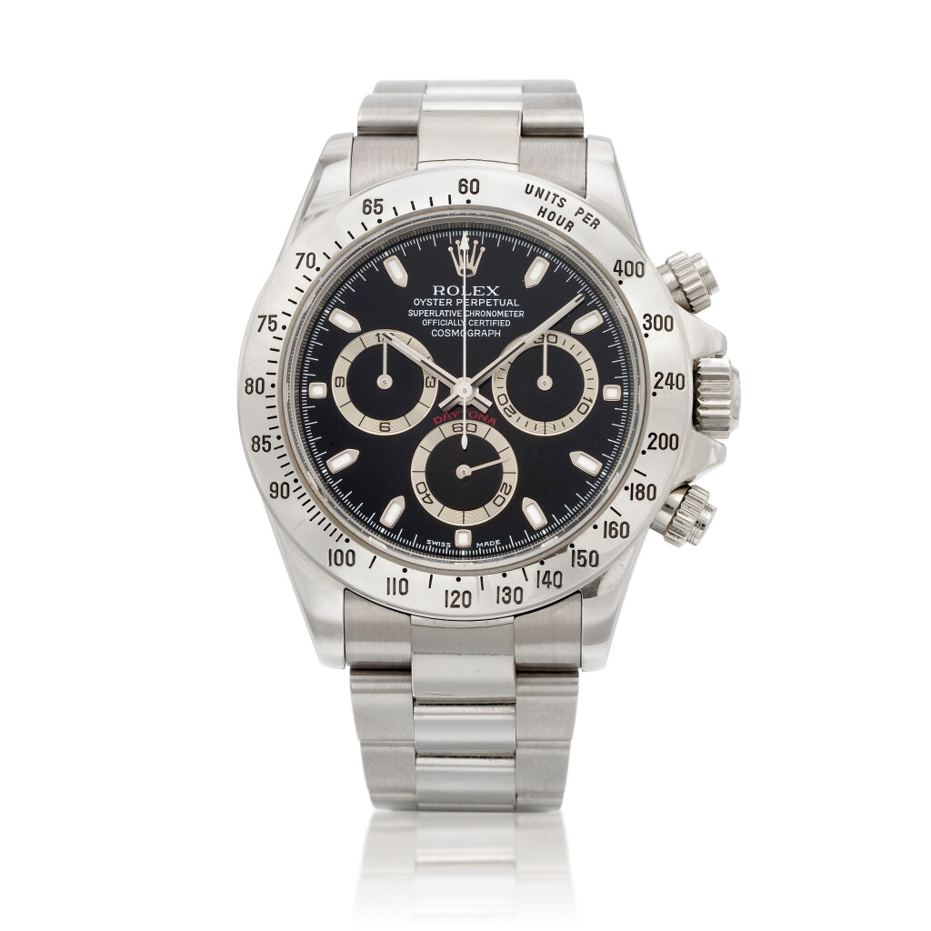 View full screen - View 1 of Lot 414. Daytona, Ref. 116520 Stainless steel chronograph wristwatch with bracelet Circa 2000.