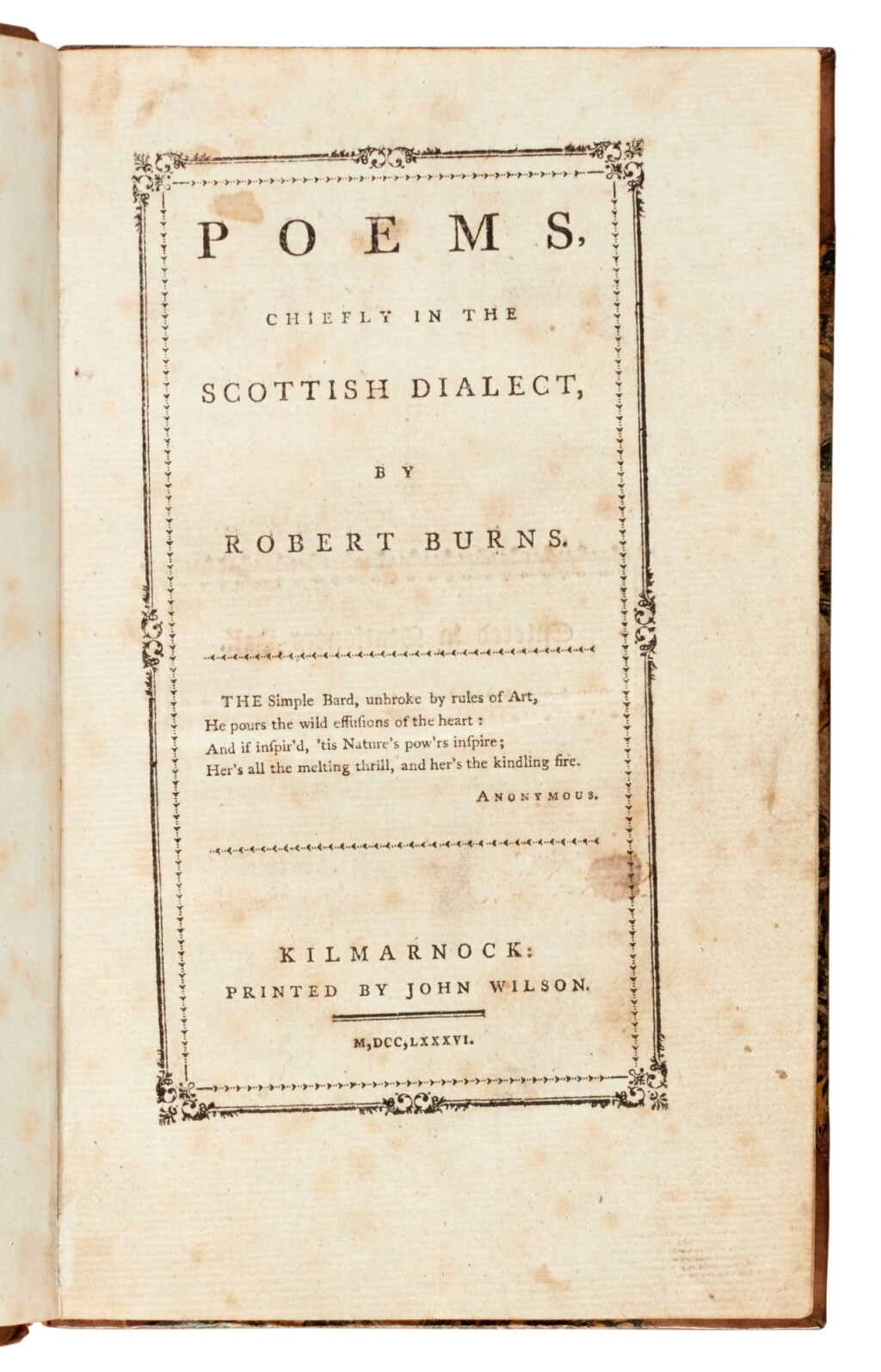 View full screen - View 1 of Lot 108. Robert Burns | Poems, chiefly in the Scottish dialect. Kilmarnock, 1786, near-contemporary half calf.
