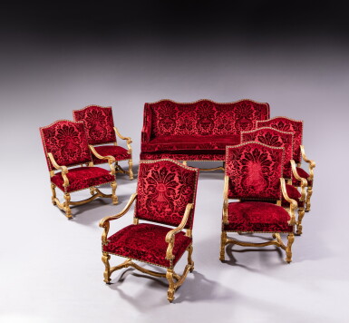 View full screen - View 1 of Lot 409. A set of six Louis XIV regiltwood armchairs and one sofa | Suite de six fauteuils et un canapé en bois redoré d'époque Louis XIV.