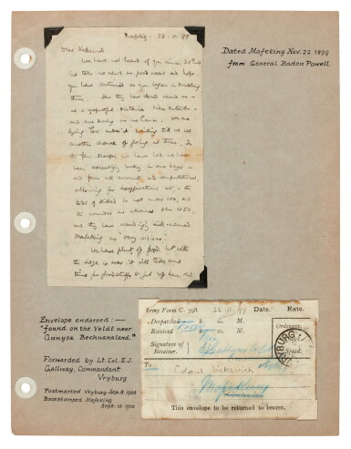 View full screen - View 1 of Lot 3. Robert Baden-Powell | Autograph letter signed, to George Kekevich, during the siege of Mafeking, 1899.