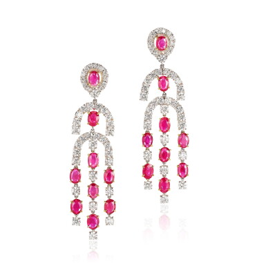 View full screen - View 1 of Lot 2896. Pair of Ruby and Diamond Pendent Earrings | 紅寶石配 鑽石 耳墜一對.