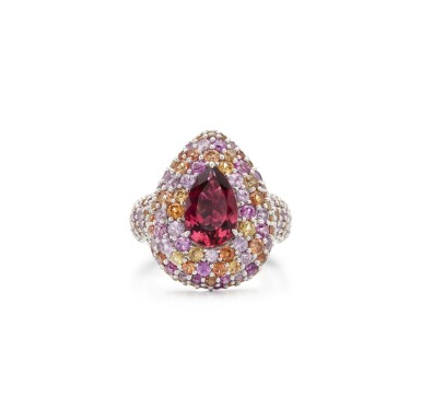 View full screen - View 1 of Lot 5. PINK TOURMALINE AND COLOURED SAPPHIRE RING.