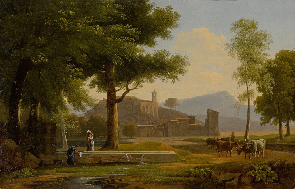 View full screen - View 1 of Lot 336. Italian landscape with cows and figures at a well in the foreground, a church tower on a hill beyond.