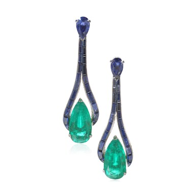 View full screen - View 1 of Lot 523. Pair of Emerald, Sapphire and Diamond Pendent Earrings.