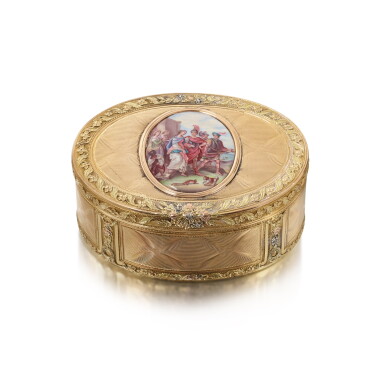 View full screen - View 1 of Lot 60. A Four-Colored Gold and Enamel Snuff Box, Esaias Obicker, Hanau, Circa 1770.